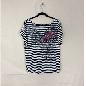 FYLO Womens XXL Striped Rose Graphic Tee Black White Short Sleeve Top